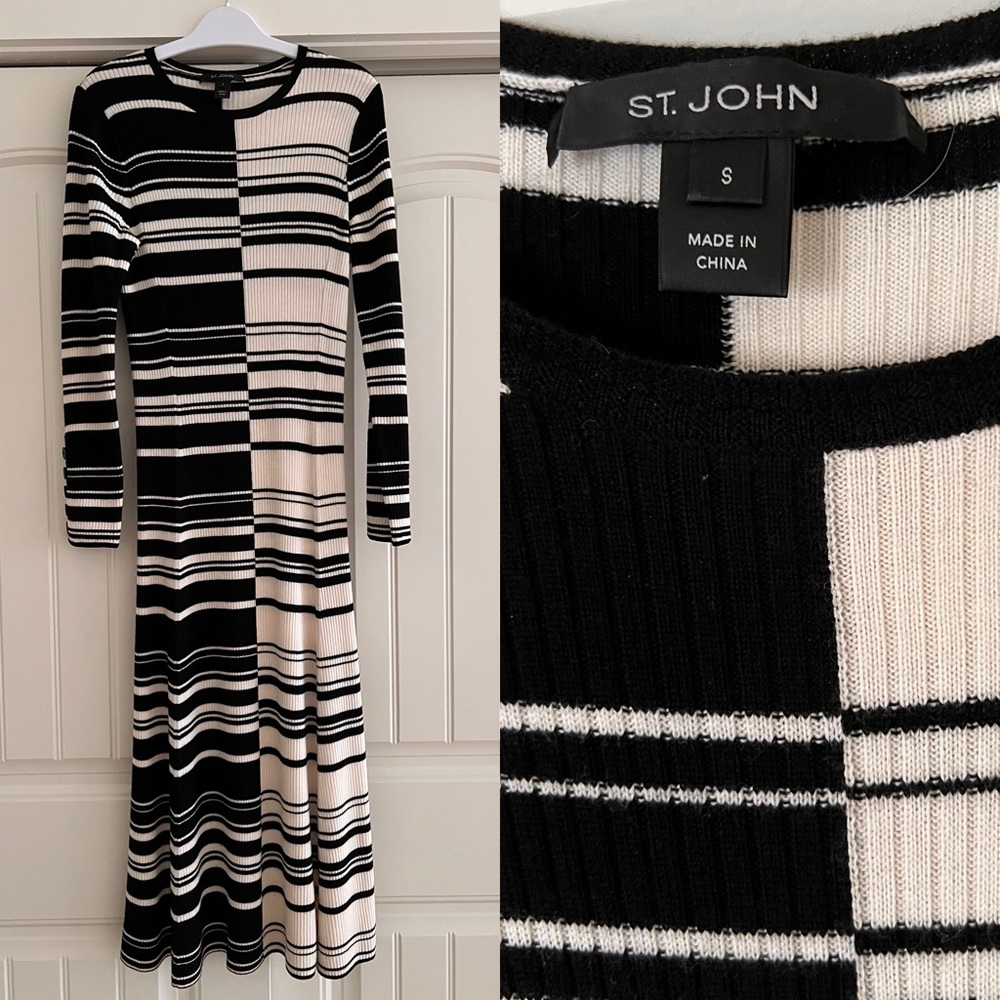 St. John Black and White Sheath Dress Long Sleeve Crew Neck